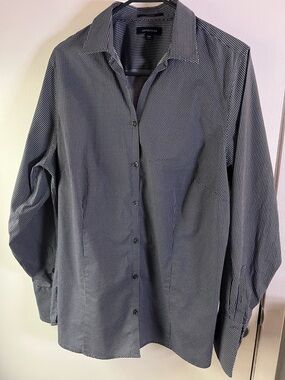 Lands’ End Womens 18W Button Down Shirt Gray White Polka Dot Stretch